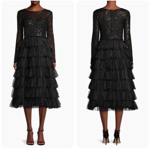 Mac Duggal Black Sequined Layered Tulle A-Line Long Sleeve Cocktail Dress NWT 8